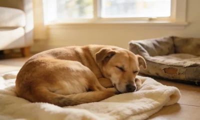 Calm tan and black rescue dog curled asleep on a cream blanket in a light Australian living room, a worn dog bed nearby