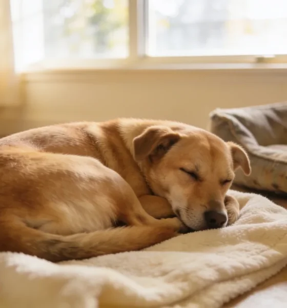 Calm tan and black rescue dog curled asleep on a cream blanket in a light Australian living room, a worn dog bed nearby