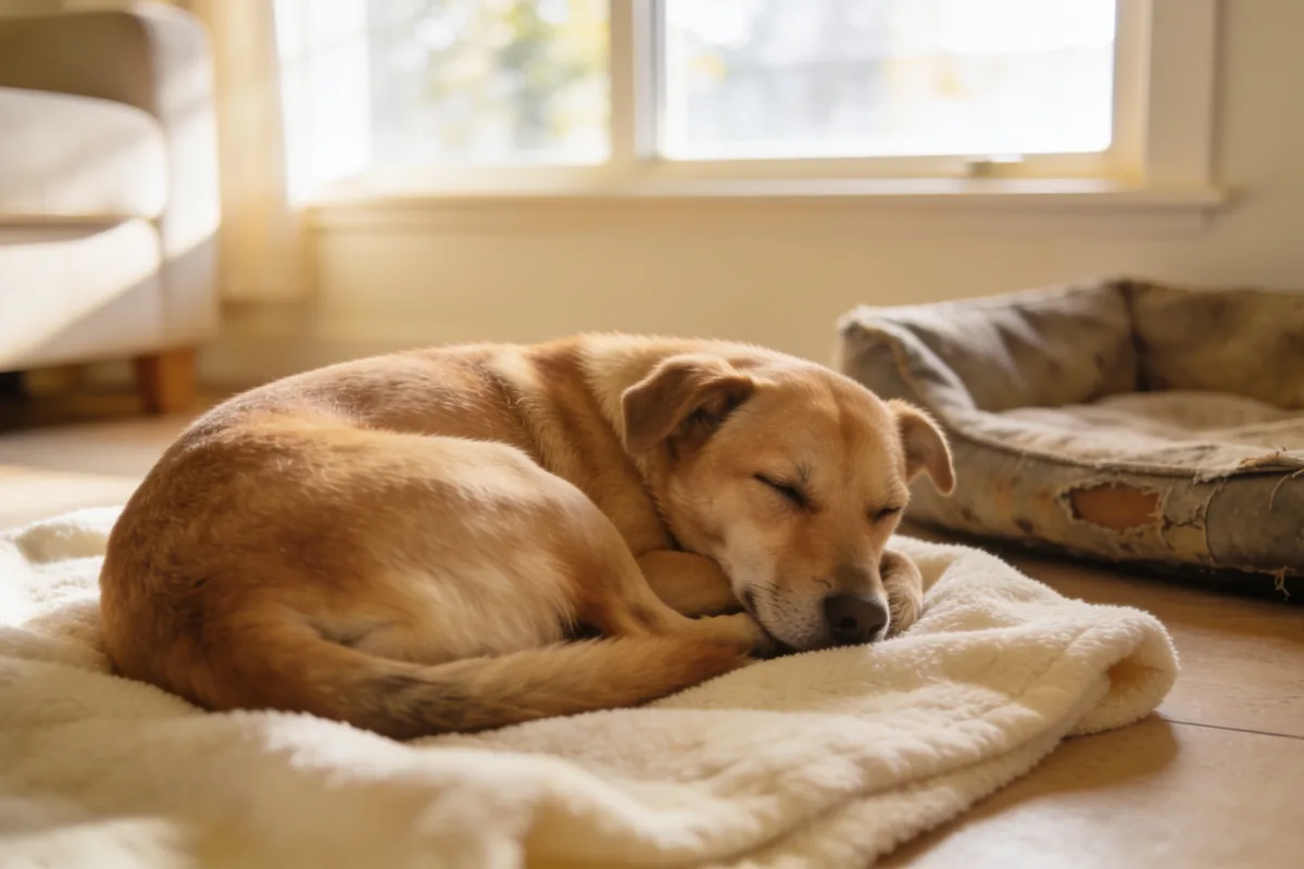 Calm tan and black rescue dog curled asleep on a cream blanket in a light Australian living room, a worn dog bed nearby