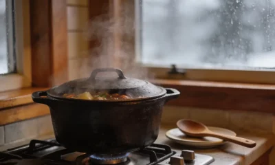 Cast iron pot with steam rising on a gas stove in a warm Australian home kitchen in winter, a wooden spoon resting beside it