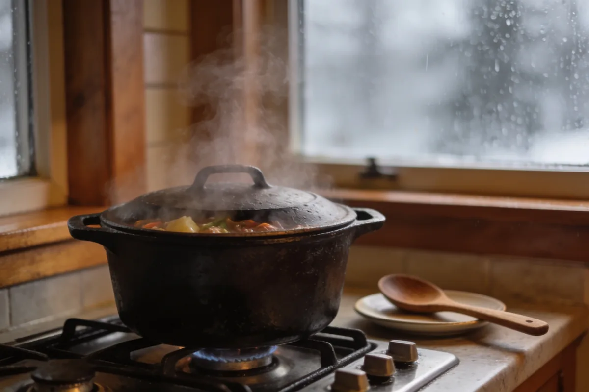 Cast iron pot with steam rising on a gas stove in a warm Australian home kitchen in winter, a wooden spoon resting beside it