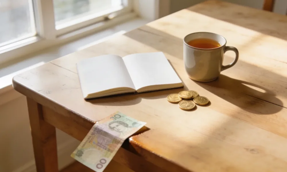 Tidy Australian kitchen table with an open notebook, a cup of tea, gold coins and a five dollar note in soft morning light