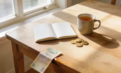 Tidy Australian kitchen table with an open notebook, a cup of tea, gold coins and a five dollar note in soft morning light