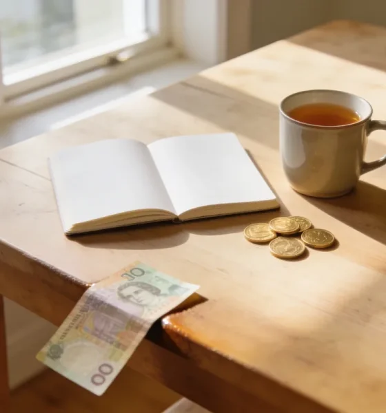 Tidy Australian kitchen table with an open notebook, a cup of tea, gold coins and a five dollar note in soft morning light
