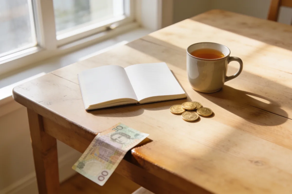 Tidy Australian kitchen table with an open notebook, a cup of tea, gold coins and a five dollar note in soft morning light