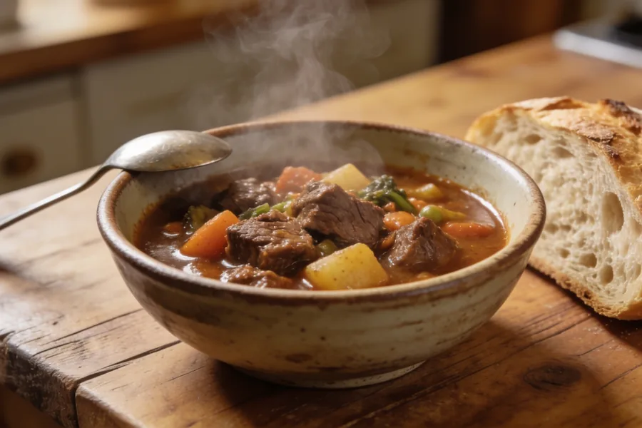 Rustic bowl of beef and vegetable stew on a timber table, steam rising, with a slice of crusty bread beside it