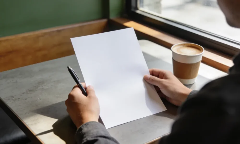 Hands holding a blank sheet of paper and a pen at a sunlit cafe table, a coffee cup beside them