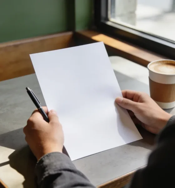 Hands holding a blank sheet of paper and a pen at a sunlit cafe table, a coffee cup beside them