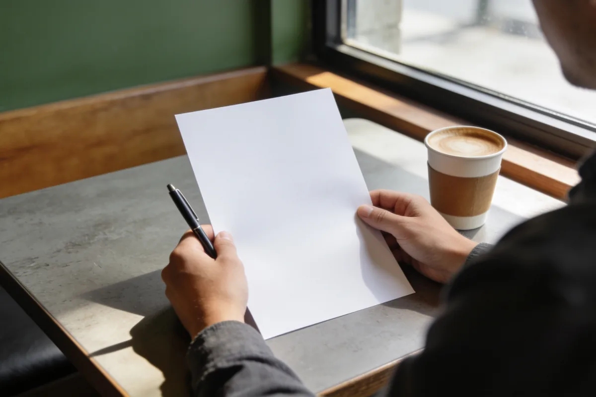 Hands holding a blank sheet of paper and a pen at a sunlit cafe table, a coffee cup beside them
