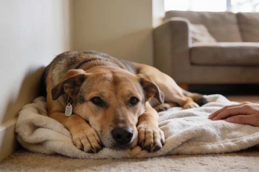 Newly adopted rescue dog resting on a soft blanket in a quiet corner of an Australian lounge room