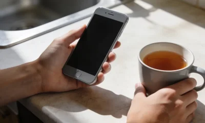 Hand holding a smartphone at a sunlit kitchen bench, the screen turned away, a cup of tea beside it, pausing before tapping