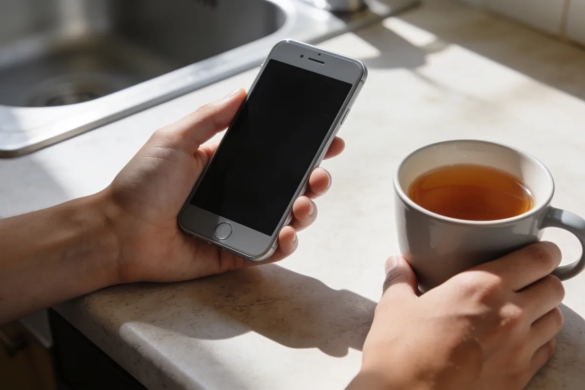 Hand holding a smartphone at a sunlit kitchen bench, the screen turned away, a cup of tea beside it, pausing before tapping