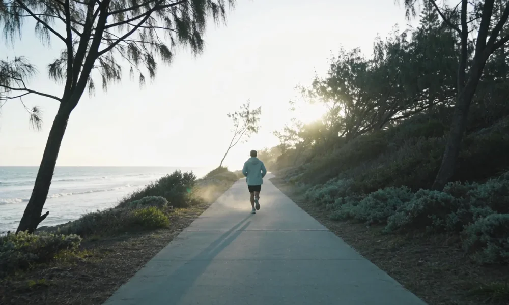 Runner seen from behind on a wide empty coastal path in Australia on a crisp winter morning, wearing light layers, with low coastal scrub and pale ocean beside the path