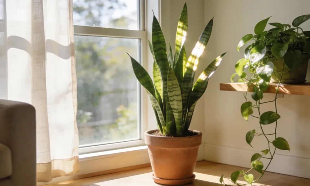 Bright Australian living room by a large window with a healthy snake plant in a terracotta pot and a trailing pothos on a timber shelf in soft natural morning light