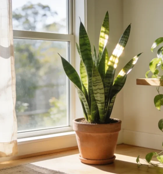Bright Australian living room by a large window with a healthy snake plant in a terracotta pot and a trailing pothos on a timber shelf in soft natural morning light