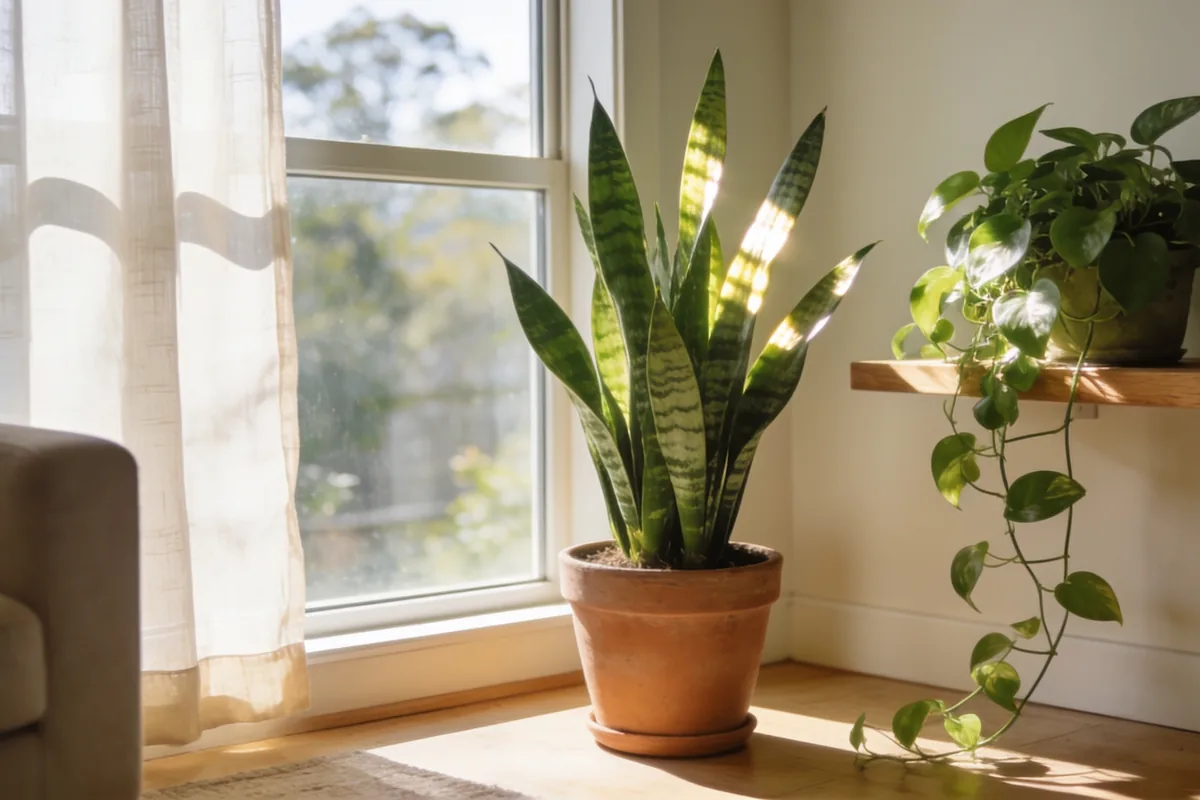 Bright Australian living room by a large window with a healthy snake plant in a terracotta pot and a trailing pothos on a timber shelf in soft natural morning light