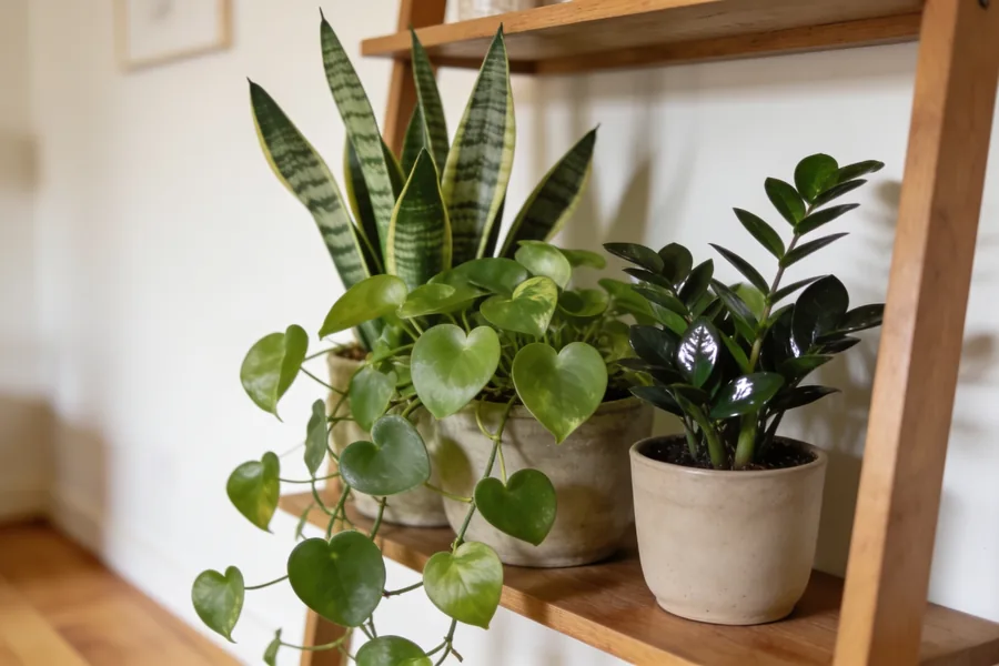 Mixed snake plant and pothos on a shelf in a softly lit Australian room with a small plain potted ZZ plant beside them