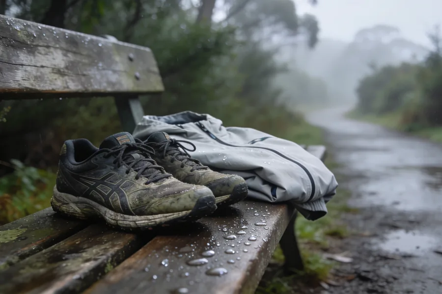 Pair of well-worn running shoes on a timber park bench beside a damp bushland path on a cool Australian winter morning, a light running jacket folded on the bench