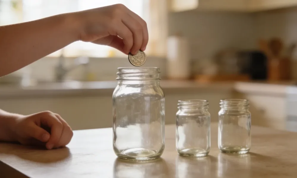Child's hands placing a coin into a plain glass jar on a kitchen table in soft morning light, two other small glass jars beside it