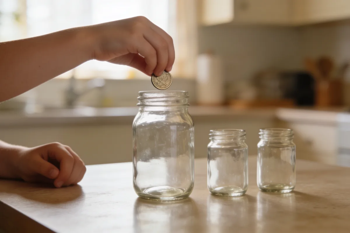 Child's hands placing a coin into a plain glass jar on a kitchen table in soft morning light, two other small glass jars beside it