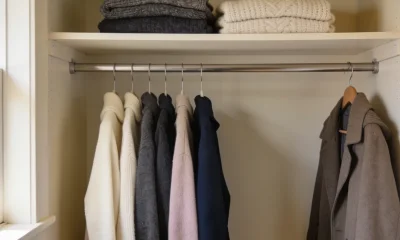 Neat rail of winter clothes in a muted palette of cream, charcoal and navy in a tidy Australian bedroom wardrobe, folded knitwear on a shelf above
