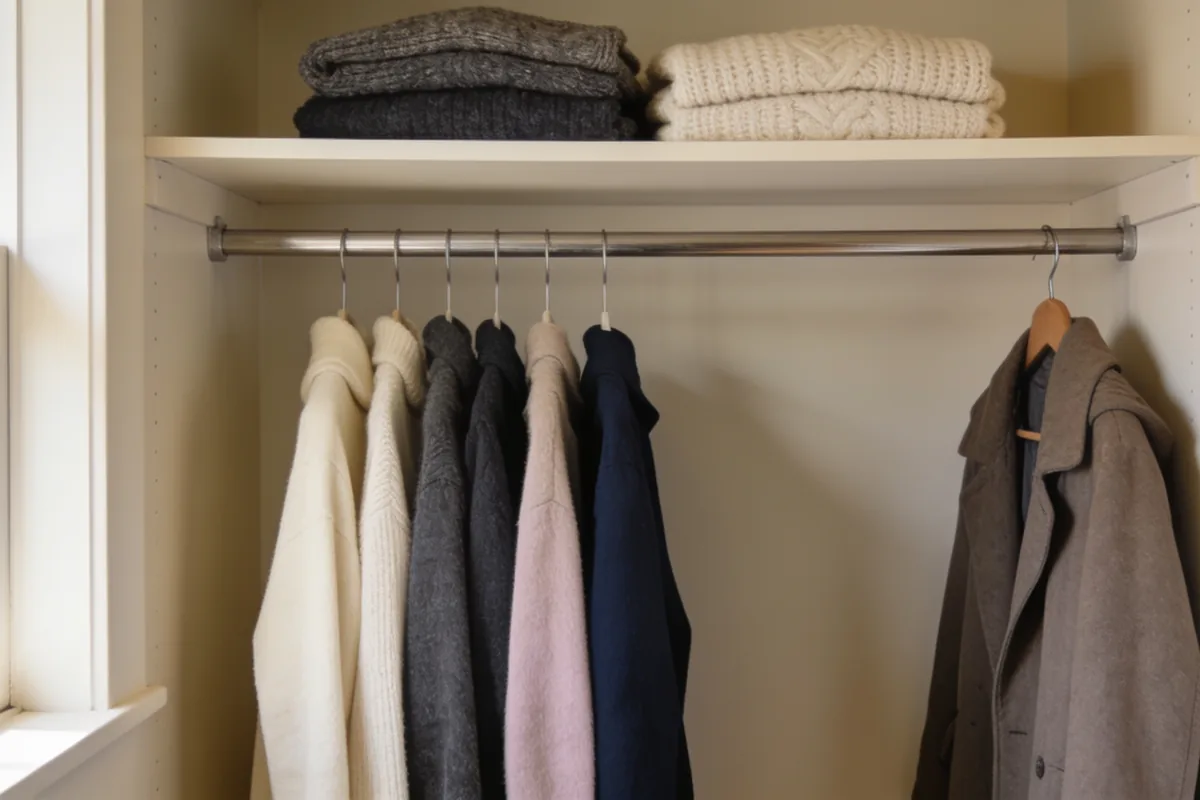 Neat rail of winter clothes in a muted palette of cream, charcoal and navy in a tidy Australian bedroom wardrobe, folded knitwear on a shelf above