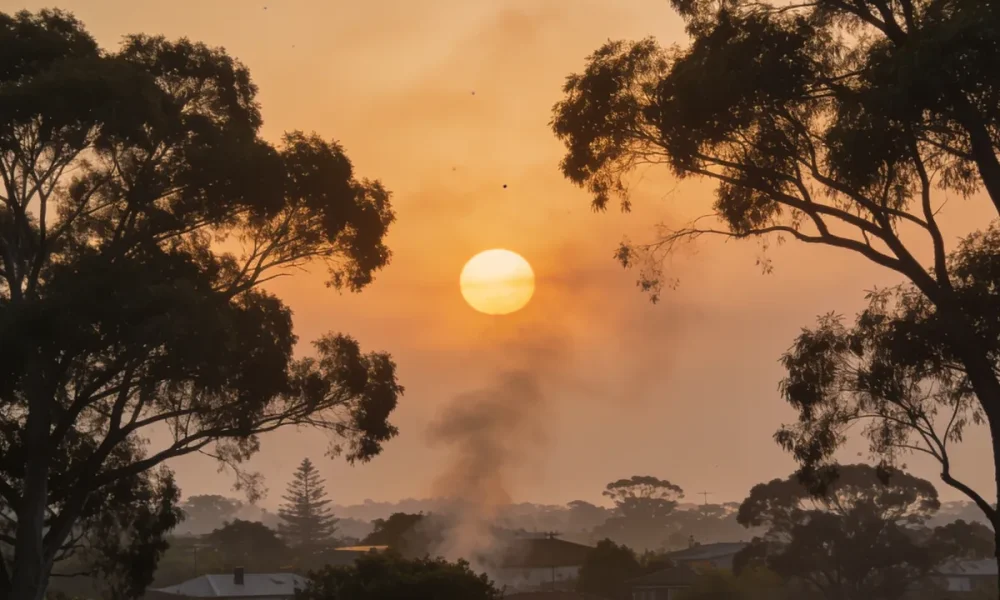 A hazy orange-gold sky over Australian gum trees and a low suburban skyline in bushfire season
