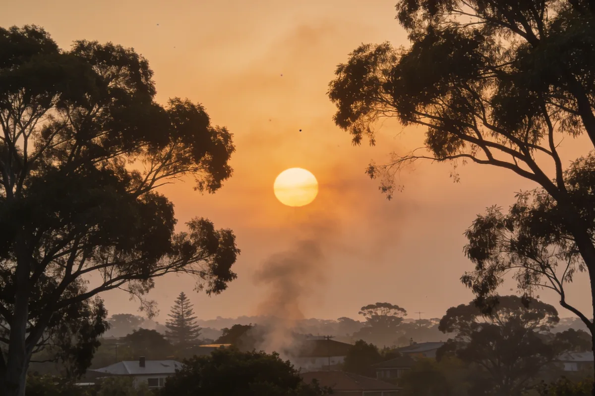 A hazy orange-gold sky over Australian gum trees and a low suburban skyline in bushfire season