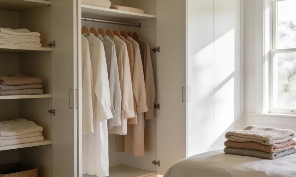 An open wardrobe with neatly hung clothes and folded basics in a bright Australian bedroom