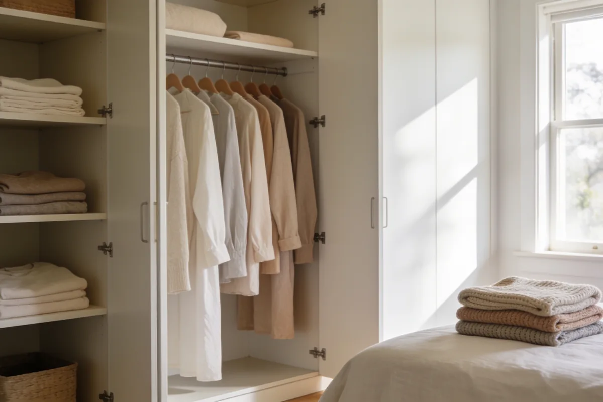 An open wardrobe with neatly hung clothes and folded basics in a bright Australian bedroom