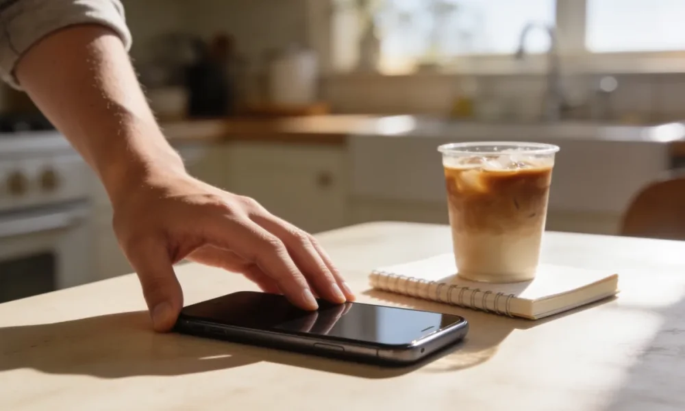 A hand resting on a smartphone lying face-down on a sunlit kitchen table beside a cold coffee and a notebook