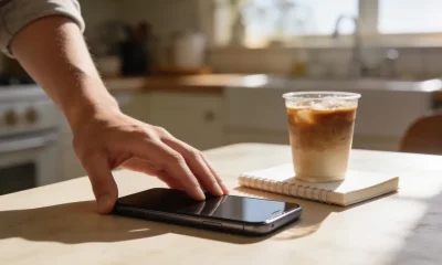 A hand resting on a smartphone lying face-down on a sunlit kitchen table beside a cold coffee and a notebook