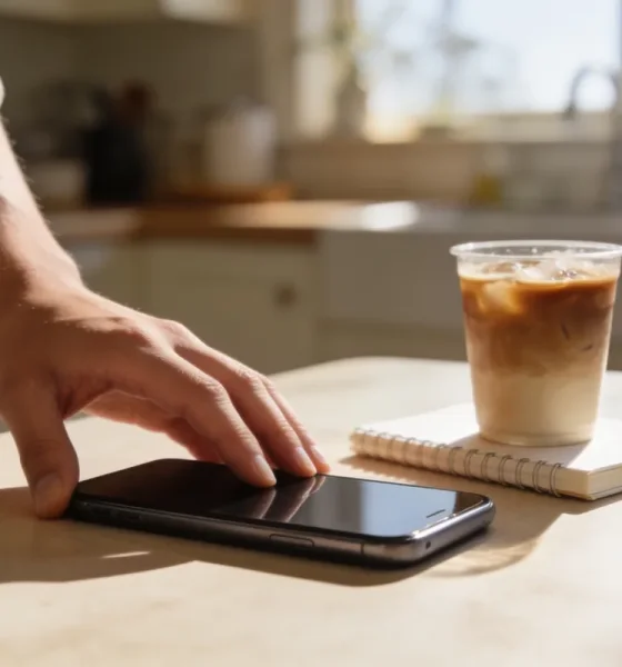 A hand resting on a smartphone lying face-down on a sunlit kitchen table beside a cold coffee and a notebook