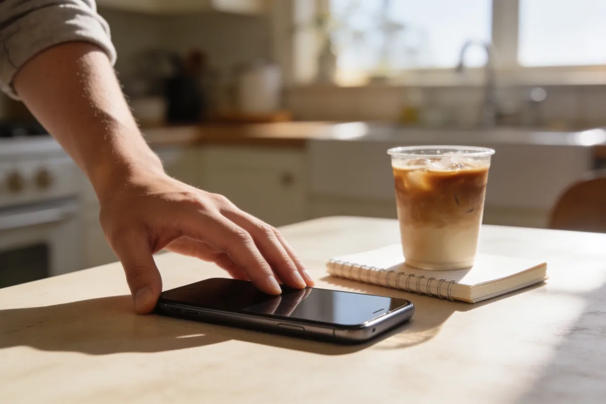 A hand resting on a smartphone lying face-down on a sunlit kitchen table beside a cold coffee and a notebook
