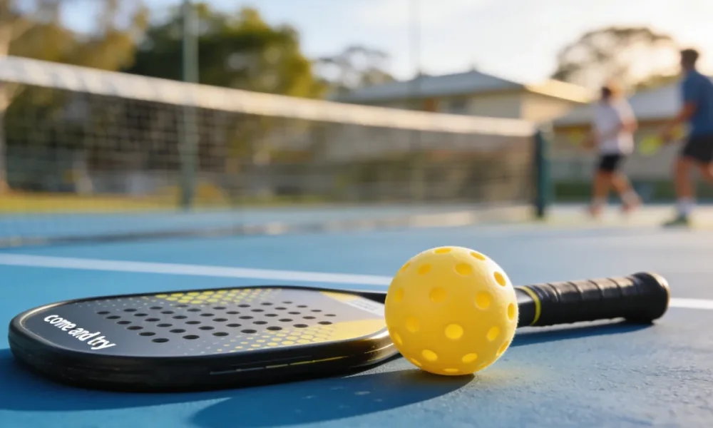 A pickleball paddle and yellow ball on an outdoor court at an Australian sports ground