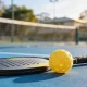 A pickleball paddle and yellow ball on an outdoor court at an Australian sports ground