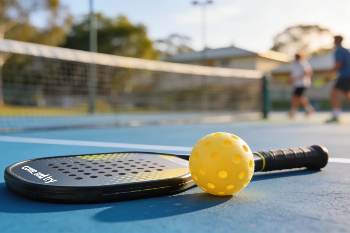 A pickleball paddle and yellow ball on an outdoor court at an Australian sports ground