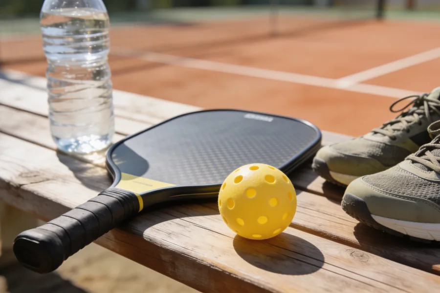 A pickleball paddle and a yellow ball beside a water bottle and trainers on a court surface