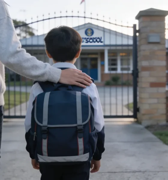 A parent and a primary-school-age child walking towards an Australian school gate, seen from behind