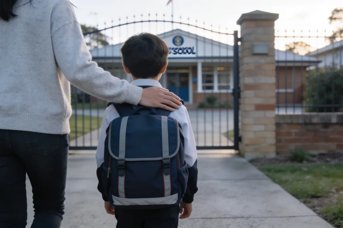 A parent and a primary-school-age child walking towards an Australian school gate, seen from behind