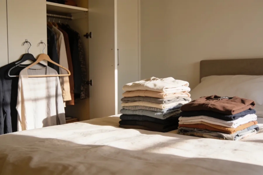 Clothes sorted into neat piles on a bed in a sunlit bedroom during a wardrobe declutter