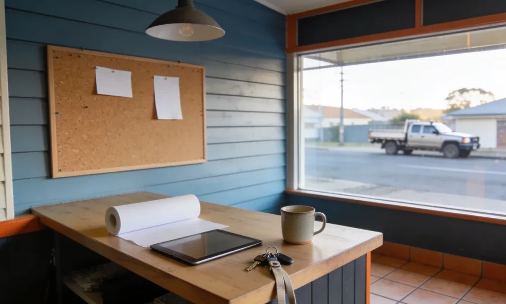 A small shop counter in an Australian suburban main street seen from the customer's side in early morning light, with a plain tablet and a roll of blank paper beside a mug and keys on the counter, blank notes pinned on the wall behind and a quiet street with a parked ute beyond the window