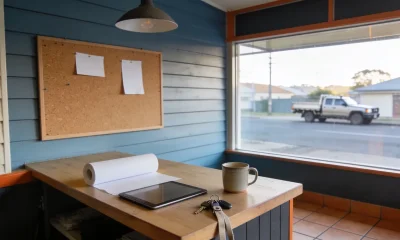 A small shop counter in an Australian suburban main street seen from the customer's side in early morning light, with a plain tablet and a roll of blank paper beside a mug and keys on the counter, blank notes pinned on the wall behind and a quiet street with a parked ute beyond the window