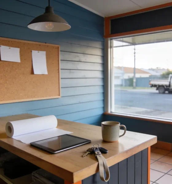 A small shop counter in an Australian suburban main street seen from the customer's side in early morning light, with a plain tablet and a roll of blank paper beside a mug and keys on the counter, blank notes pinned on the wall behind and a quiet street with a parked ute beyond the window