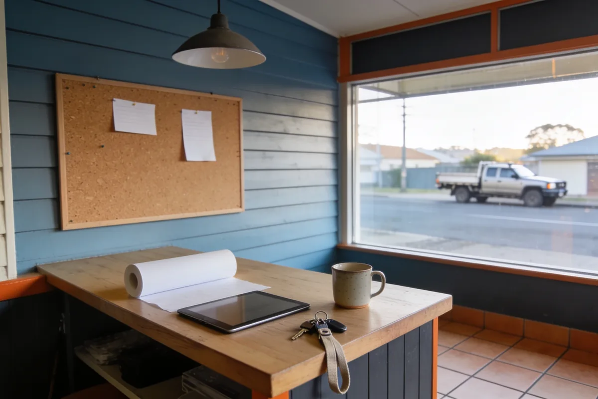 A small shop counter in an Australian suburban main street seen from the customer's side in early morning light, with a plain tablet and a roll of blank paper beside a mug and keys on the counter, blank notes pinned on the wall behind and a quiet street with a parked ute beyond the window