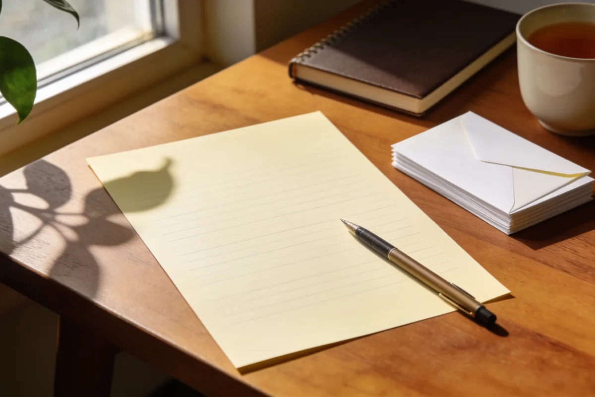 A blank sheet of lined paper on a timber desk with a pen resting on it, a small stack of blank envelopes, a closed notebook and a cup of tea with a houseplant at the edge of frame and natural window light from the left