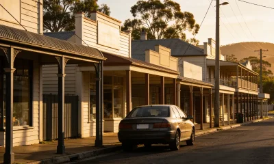 quiet Australian regional town main street with verandah shopfronts, eucalyptus trees and low hills in golden late-afternoon light