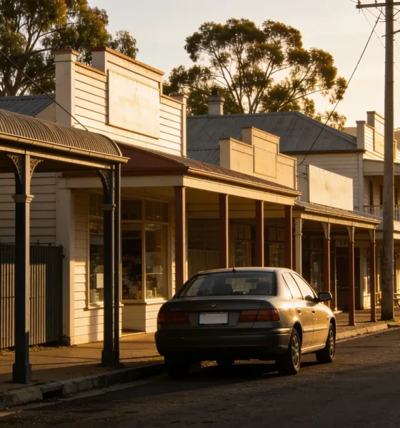 quiet Australian regional town main street with verandah shopfronts, eucalyptus trees and low hills in golden late-afternoon light