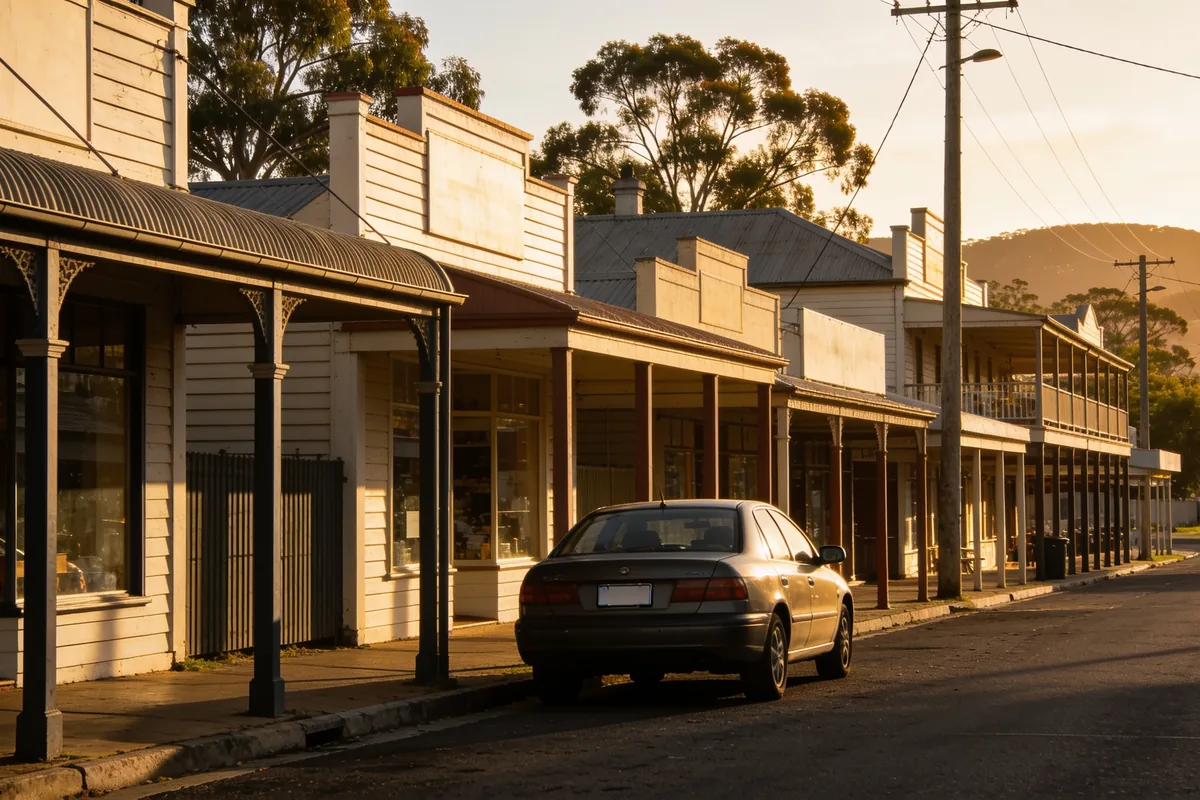 quiet Australian regional town main street with verandah shopfronts, eucalyptus trees and low hills in golden late-afternoon light
