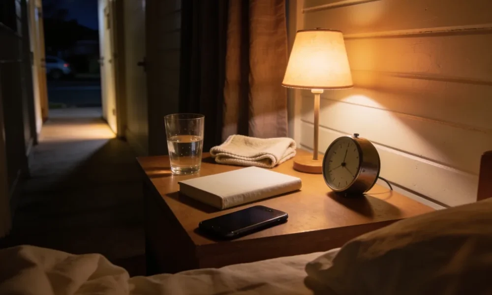 A bedside table in an ordinary Australian home late at night lit by one small warm lamp and a sliver of light from a hallway, with a half-drunk glass of water, a folded tea towel, a small plain clock, a closed book with a blank cover and a phone lying dark beside rumpled bedding with the dark street beyond the curtain